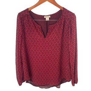 Lucky Brand Red & Black Animal Print Split Neck Blouse Sz Medium Long Sleeves